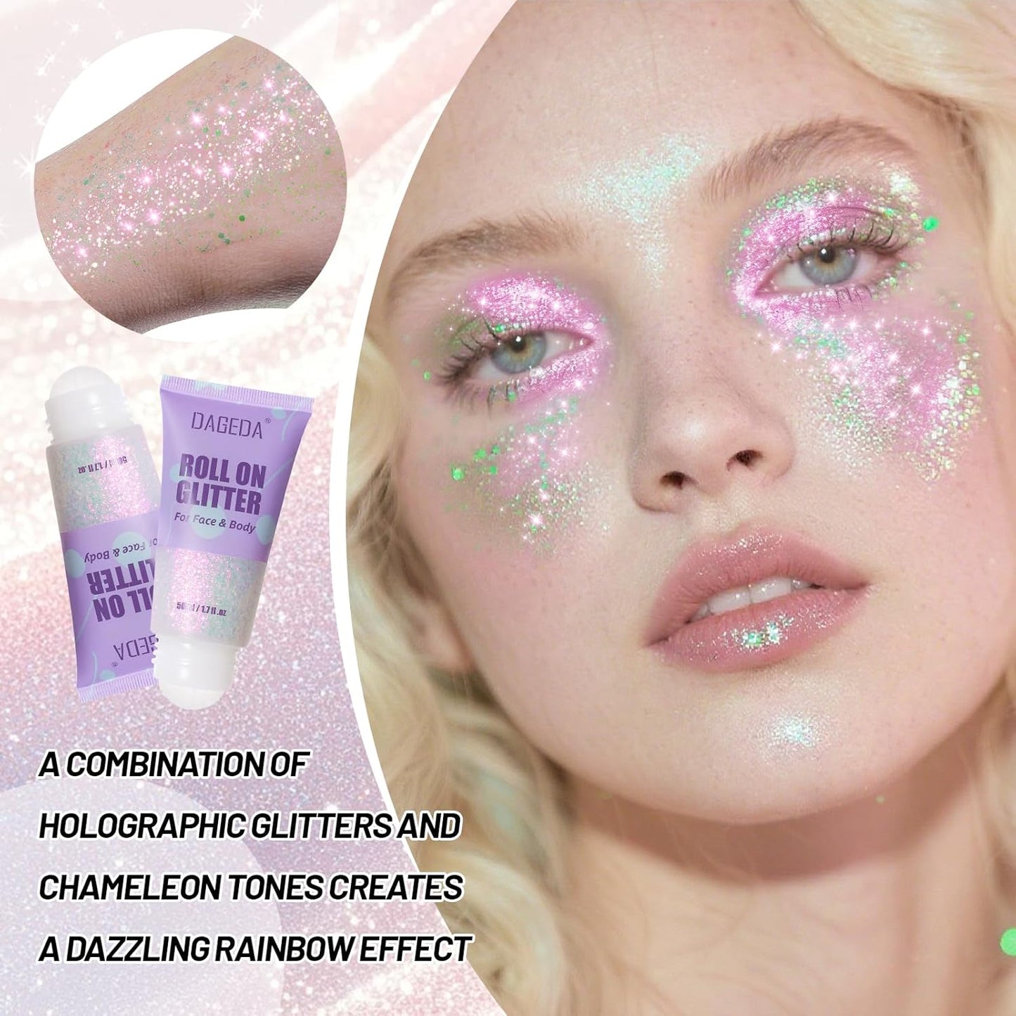 DAGEDAl Roll-on Body Glitter,Holographic Eye Face Hair Glitter Gel for Festival Outfit Mermaid Accessories,Chameleon Color Body Shimmer Makeup Rave Outfits Accessories for Women 50ml(Sparkling Pink)