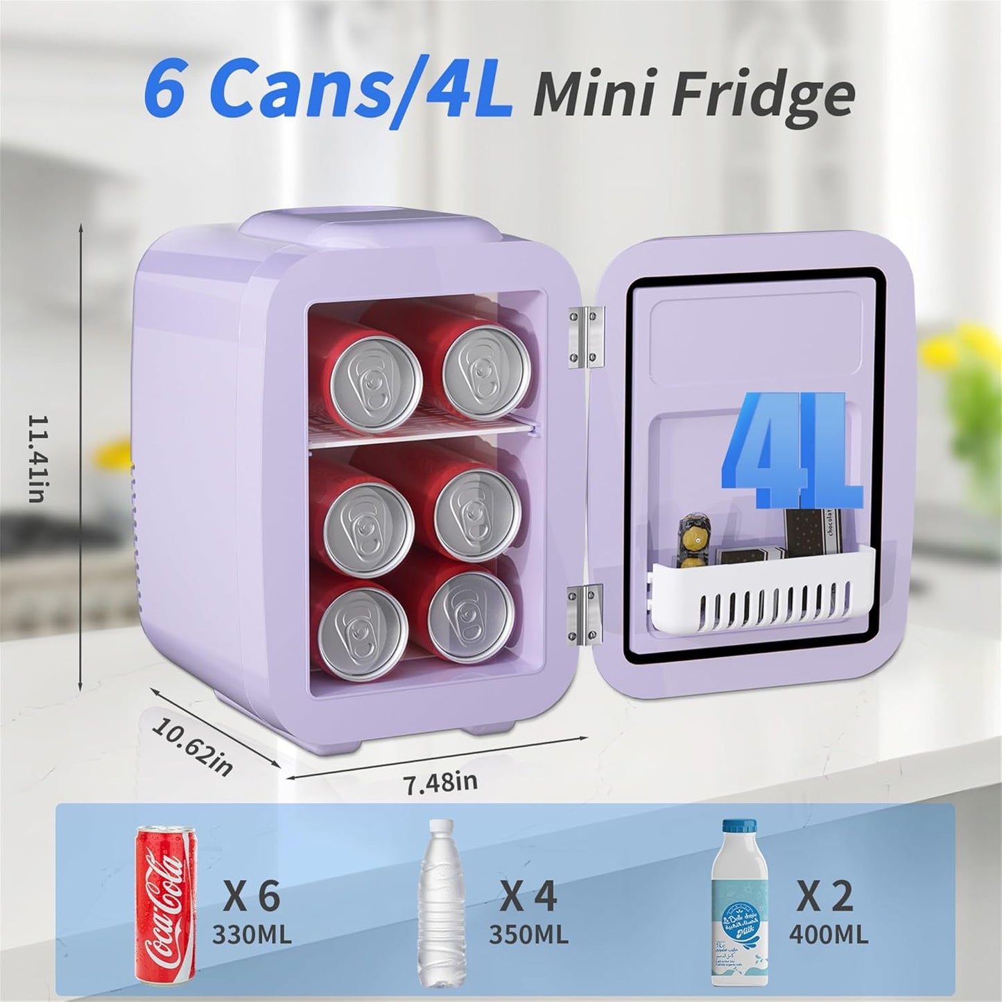 YASHE Mini Fridge, 4 Liter Makeup Fridge, 110V AC/ 12V DC Thermoelectric Cooler and Warmer Small Fridge for Bedroom, Drink, Dorm, Car, Purple
