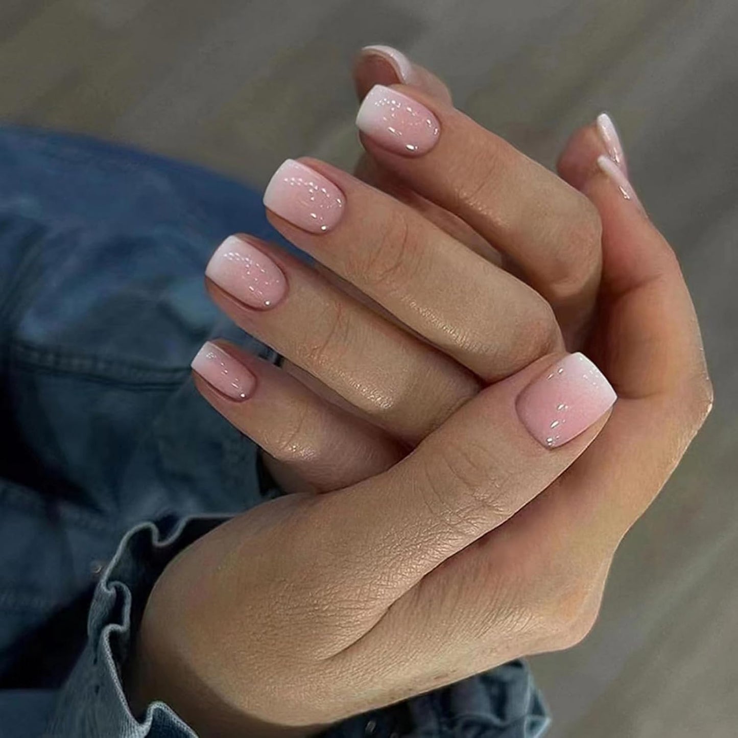 Ombre Press On Nails - 240Pcs Square Short Press on Nails, White Nail Tips Pink White Gradient Soft Gel False Nail Tips Salon Perfect Fake Nails Kit Extensions DIY (Extra Short Square)