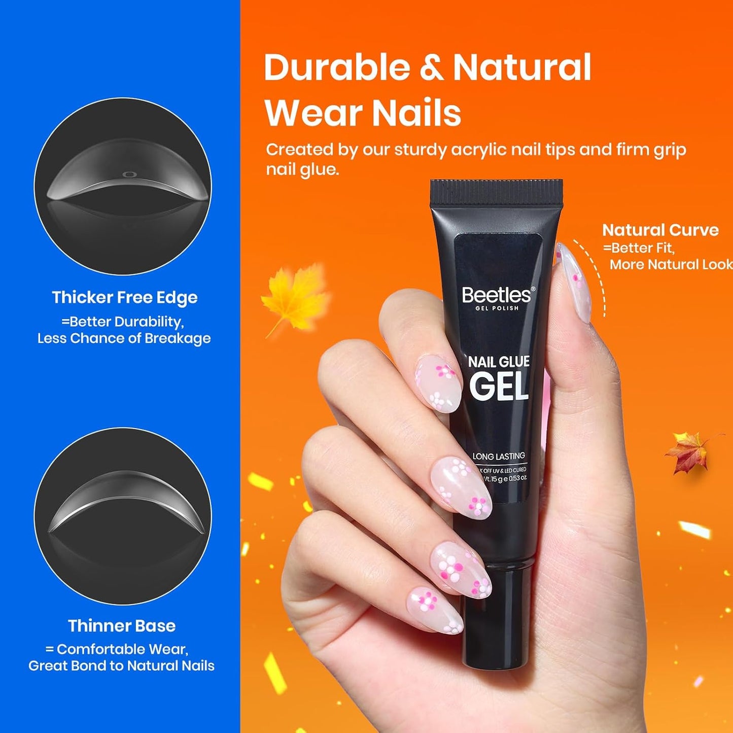 Beetles Gel Nail Kit Short Almond with Nail Dehydrator and Primer, 576Pcs Half Matte Etch-X Gel Nail Tips Solid Nail Glue Mini Nail Lamp Acrylic Nail Tips Easy DIY Nail Extension Set Gift for Women