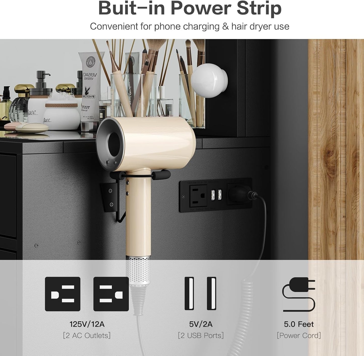 Vanity Desk & Power Outl, Makeup Table with Mirror and 12 LED Lights, Makeup Table with 11 Drawers, 3 Lighting Modes Brightness Adjustable(Black)