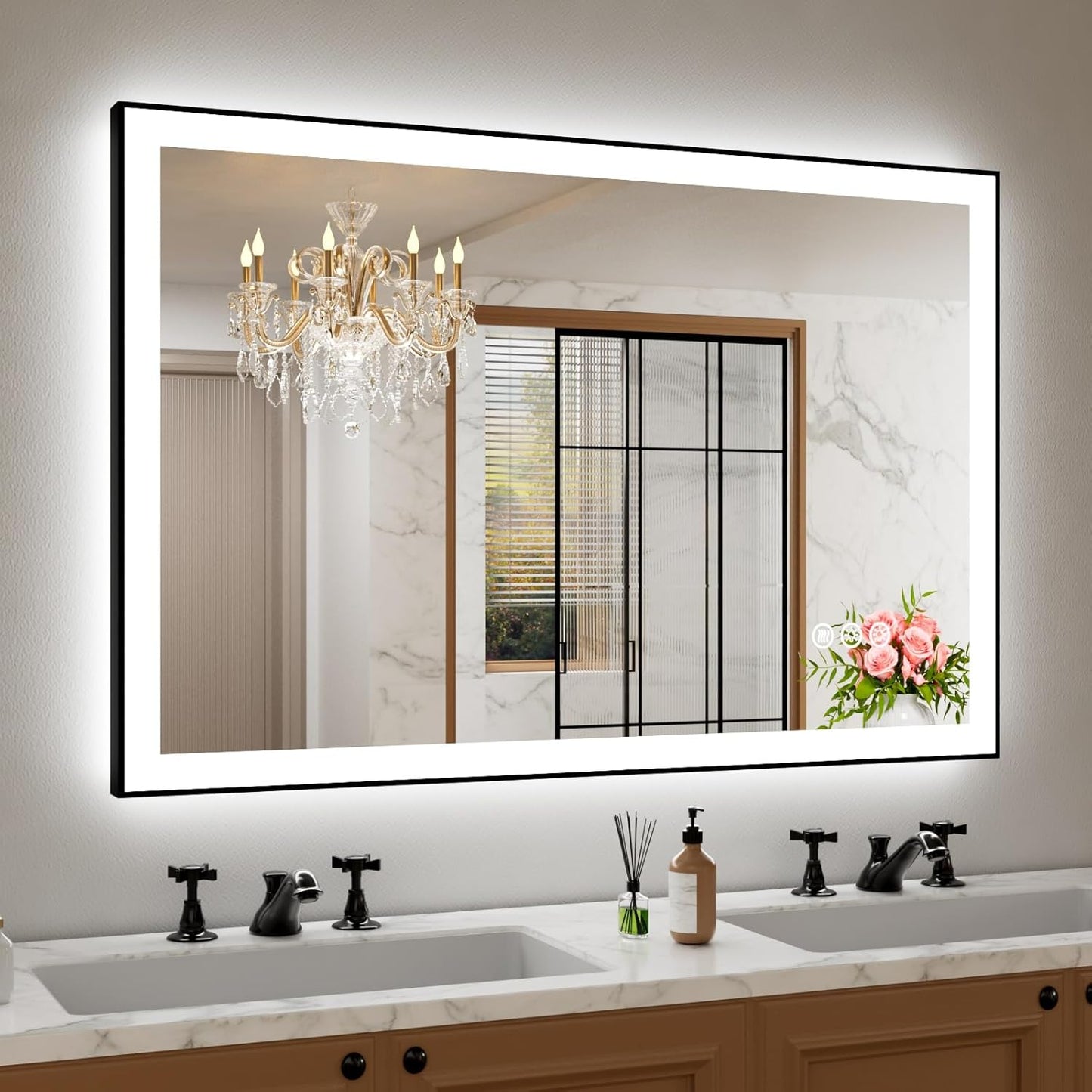 Amorho 48"x 32" LED Bathroom Mirror with Black Frame, Front Light and Backlit(Controlled Separately), Stepless Dimmable, Anti-Fog, Shatter-Proof, 3 Colors, Memory