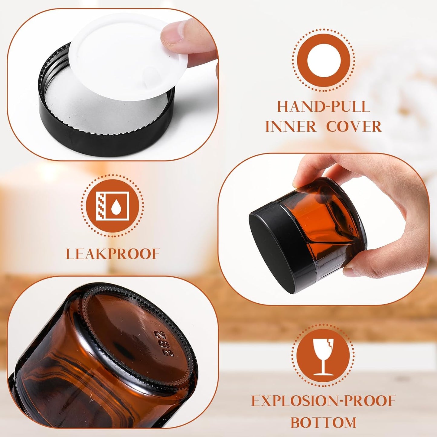 Domensi 72 Pcs 2 oz Glass Jars with Lids Travel Size Round Leakproof Empty Cosmetic Jars with Inner Liners Lid for Storing Makeup Lotions Face Cream Ointments Candle DIY Making (Amber)