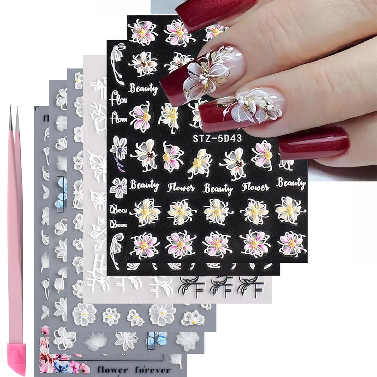 6 Sheets White Flower Nail Art Stickers Decals 5D Embossed Nail Decals Spring Winter Nails Art Self-Adhesive Supplies Accessories 3D Flower Stickers for Women Nails Design Decoration