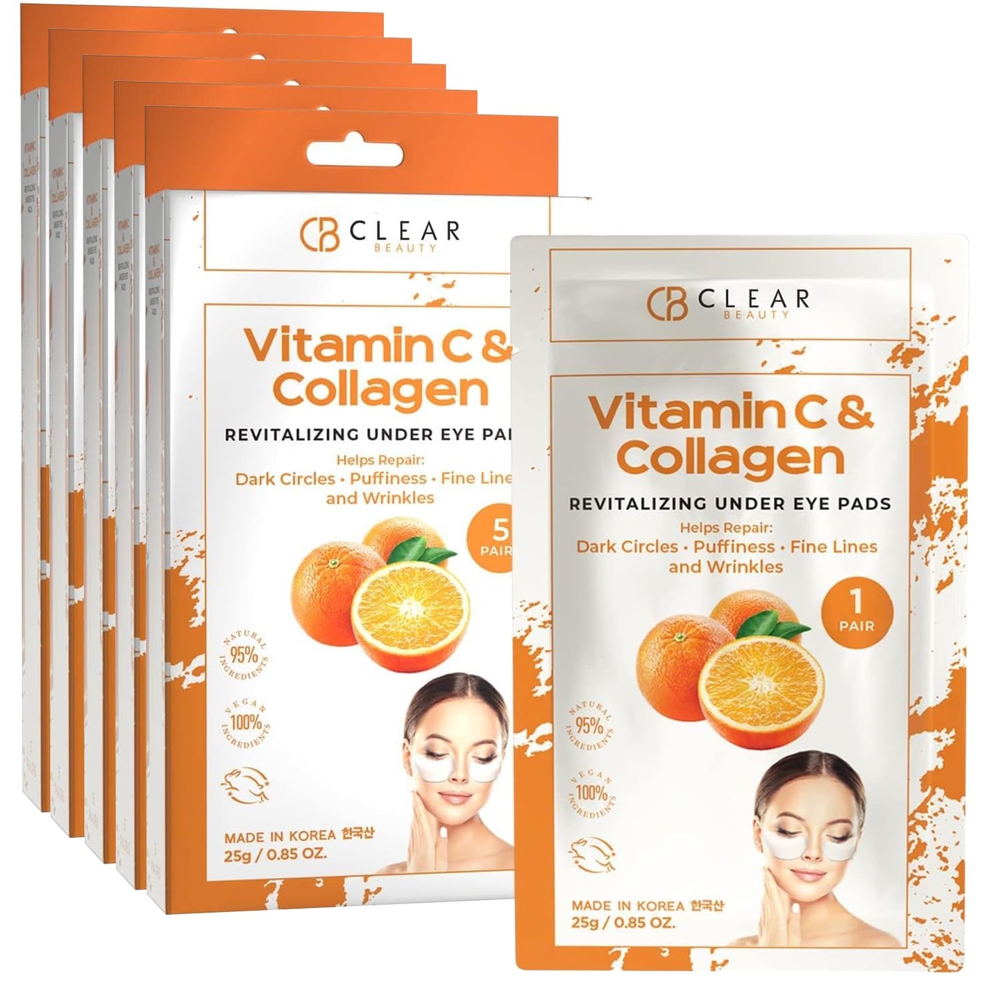 Vitamin C & Collagen Under Eye Patches 5 Pack - Diminishes Dark Circles & Puffiness, Anti-aging, Cooling & Soothing Eye Pads - Cruelty Free Korean Skincare