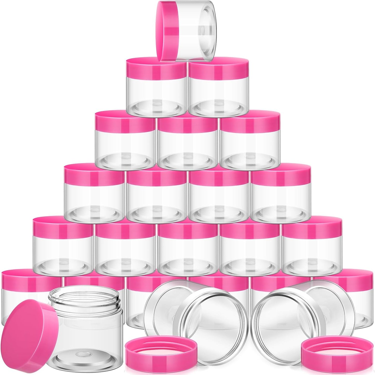 SATINIOR 24 Pieces Empty Clear Plastic Jars with Lids Round Storage Containers Wide Mouth for Beauty Product Cosmetic Cream Lotion Liquid Butter Craft and Food(Pink Lid,4 oz)
