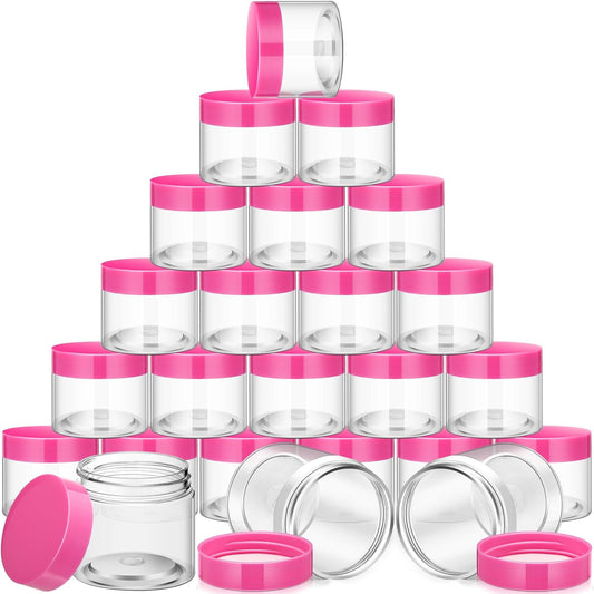 SATINIOR 24 Pieces Empty Clear Plastic Jars with Lids Round Storage Containers Wide Mouth for Beauty Product Cosmetic Cream Lotion Liquid Butter Craft and Food(Pink Lid,4 oz)