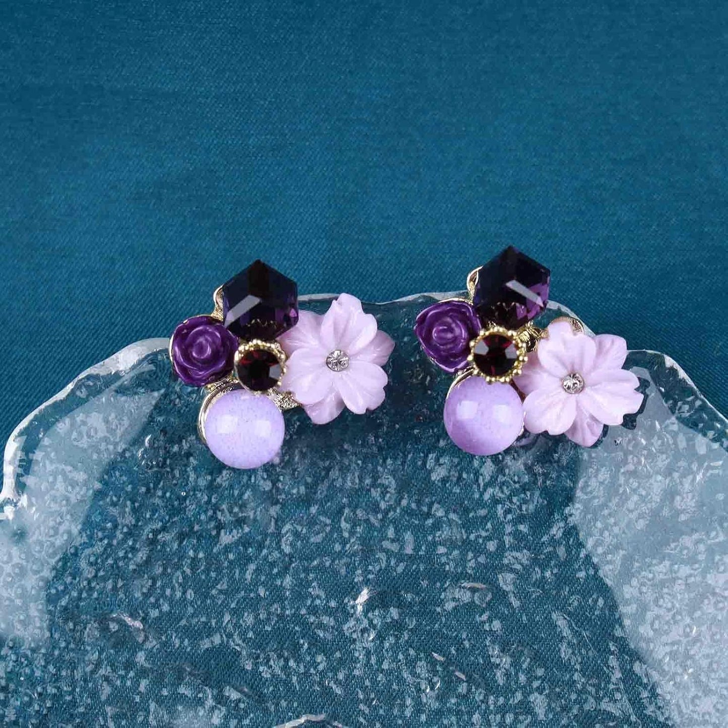 Boho Amethyst Flower Drop Earrings Vintage Purple Rhinestones Flora Petal Earrings Statement Purple Rose Studs Wedding Prom Geometric Crystal Flower Earrings Jewelry for Women