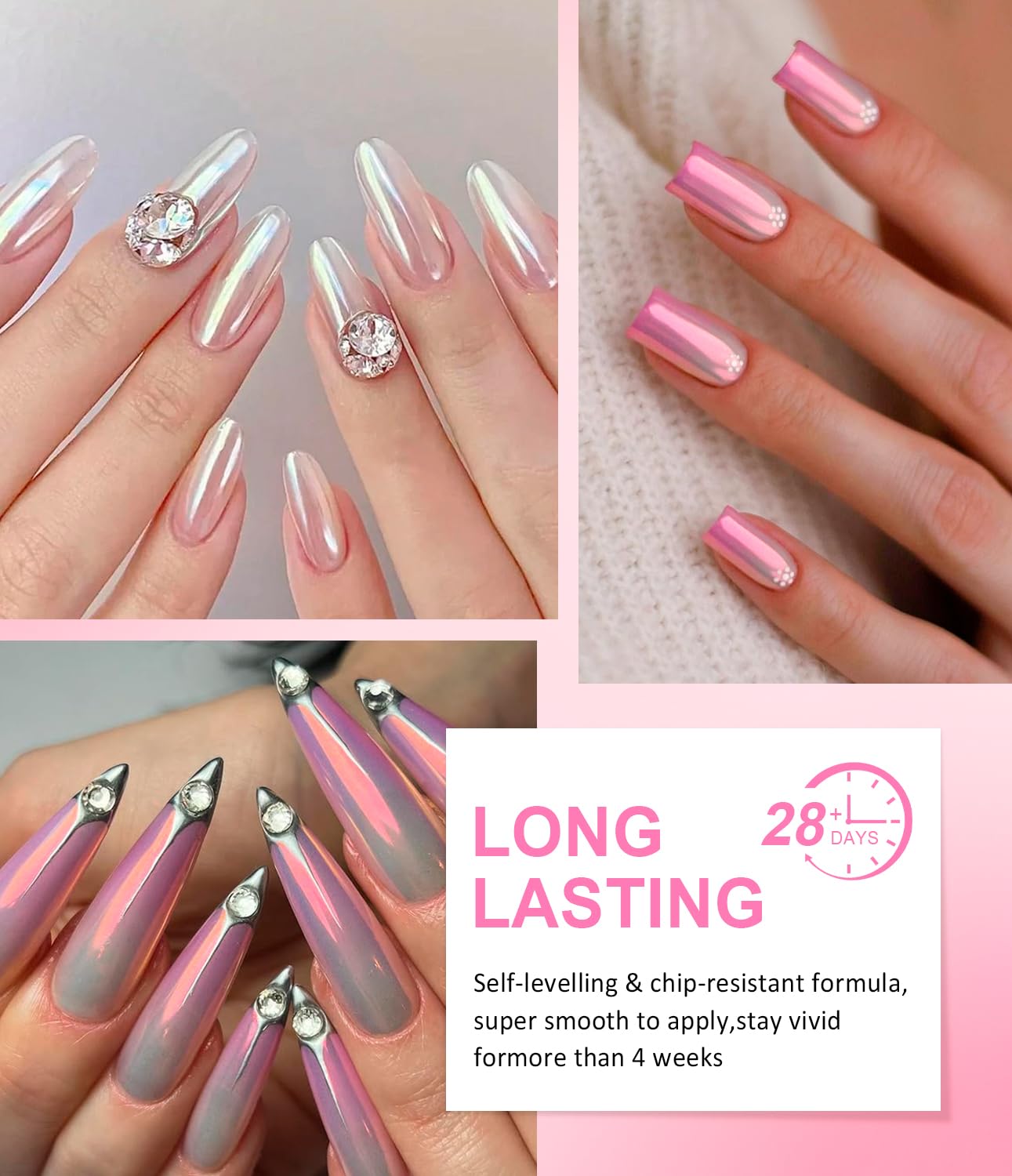 Chrome Nail Powder -【Super Metallic Mirror Effect】Pink White Gold Chrome Powder Shiny Nail Glitter Chrome Powder Nail Powder Pigment for Nail Art Design Decoration