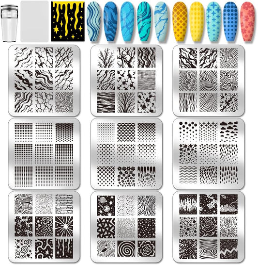 PH PandaHall 9pcs Marble Texture Nail Stamping Plates Line Graffiti Nail Art Designs Gradient Pattern Manicure Art Templates with Stamper and Scraper for Women DIY Manicures Salon Printing