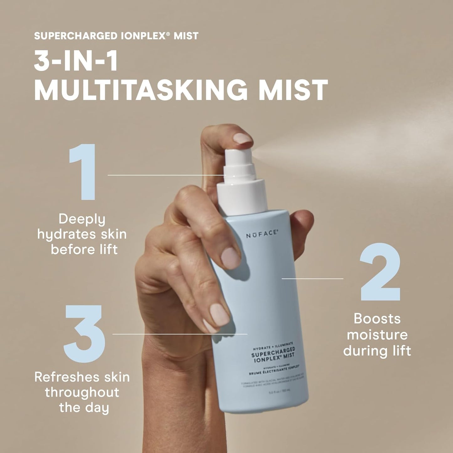 NuFACE Supercharged IonPlex Facial Mist - 3-in-1 Ultra-Fine Hydrating Face Mist & Pore Minimizer with Hyaluronic Acid + IonPlex Technology to Lock in Moisture and Enhance Microcurrent Treatment (5 oz)