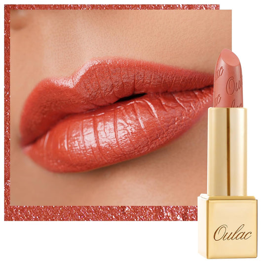 Oulac Coral Orange Lipstick for Women with Metallic 3D Shine Lightweight Hydrating Formula, High Impact Lip Color, Vegan Beauty, Full Coverage Lip Makeup, Christmas Gifts for Women, Be Happy(05)