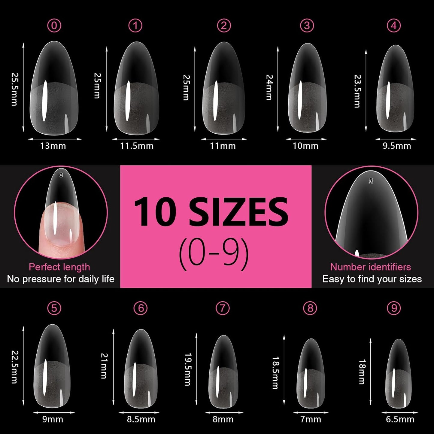 Medium Almond Nail Tips 500PCS, Clear Acrylic Full Cover Gel Press on Nail Tips for DIY, 10 Sizes Pre-Shaped False Nails with Half Matte Finish, Professional Manicure Kit & Easy Application