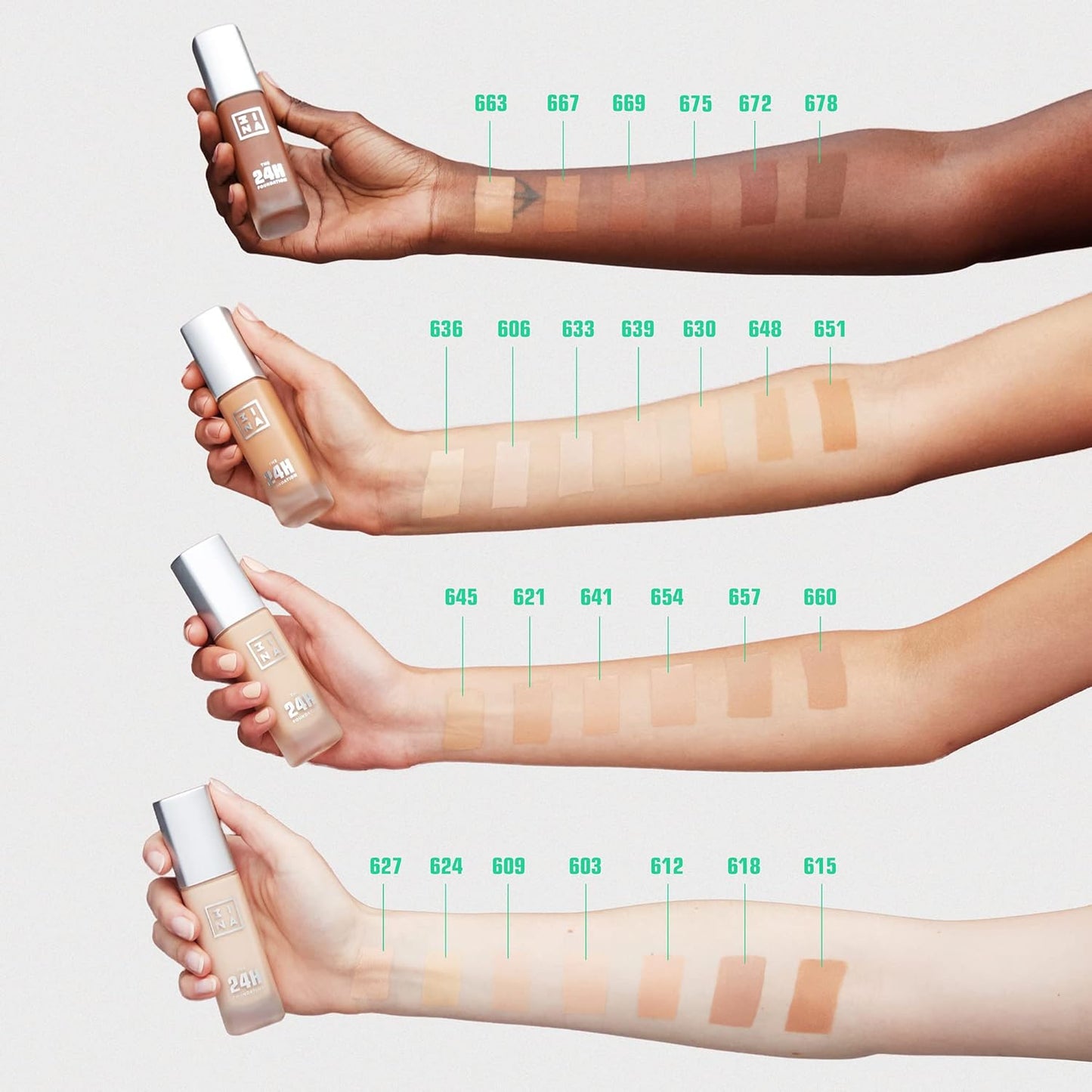 3INA The 24H Foundation 669-24H Long-Wearing Formula - Medium To High Buildable Coverage - Smooth Matte Finish - Expanded Shade Selection - Waterproof, Cruelty Free, Vegan Makeup - 1.01 Oz