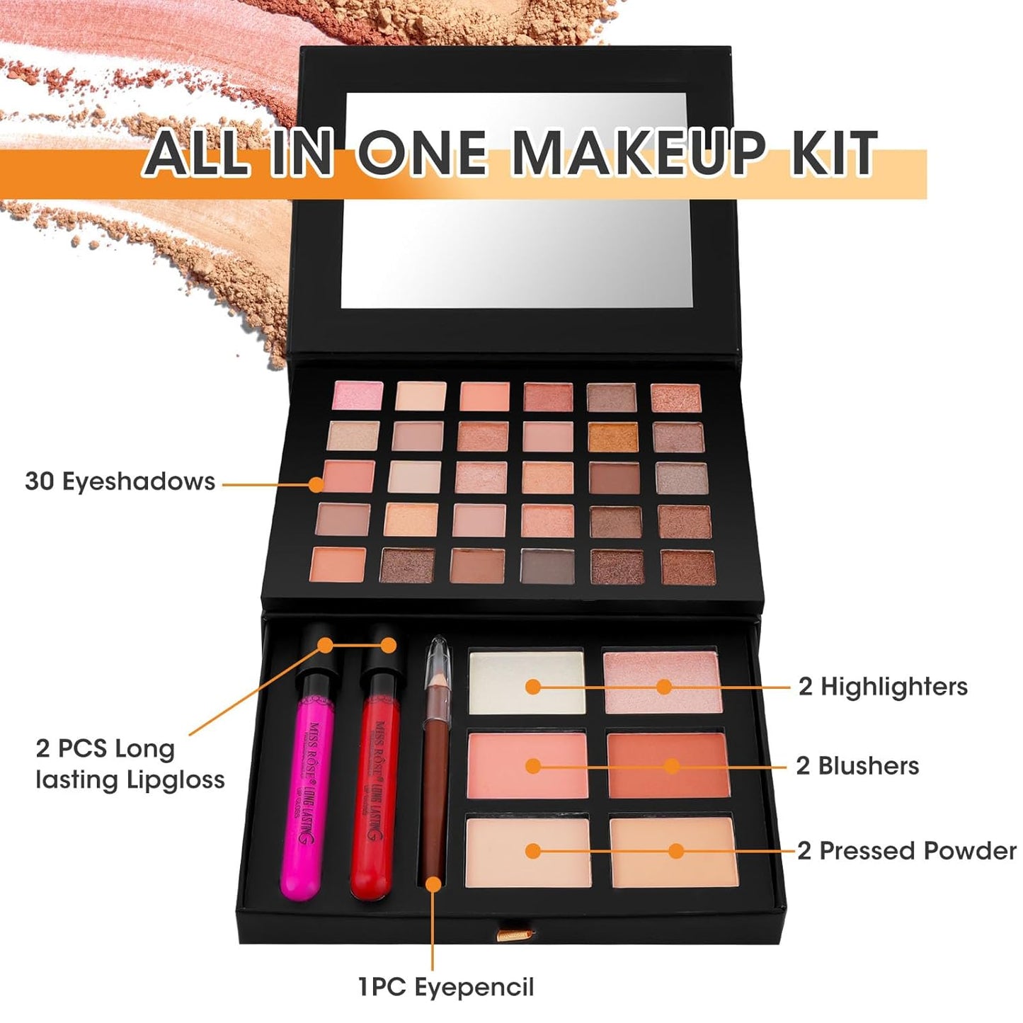 All in One Makeup Kit,Makeup Palette Includes 30 Color Eyeshadow, 2 Color Highlighter，2 Color Pressed Powder，2 Color Blusher，2 Pcs lip gloss，1 Pcs Eyepencil, Mirror,Makeup Gift Set for Women (017N)