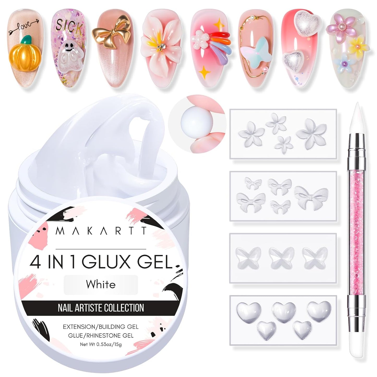 Makartt 3D Gel Nail Art: 4 in 1 White Solid Gel Builder Diy Kit for 15ML Nail Extension Gels, 4pcs Silicone Molds, 1 sculpture Brush, Nails Art Glue for Acrylic Nails Carving Manicure for Home Salon