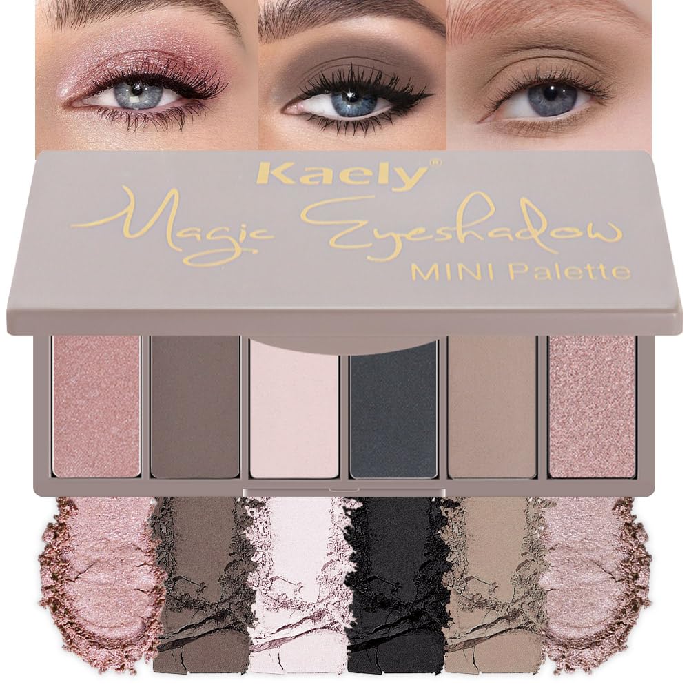 evpct 6 Colors Travel Eye Shadow Palette Makeup, Rose Coffee White Bright Nude Pink Black Brown Sparkly Shimmer Glitter Matte High Pigment Mini Eyeshadow Palette for Older Women, Built in Mirror