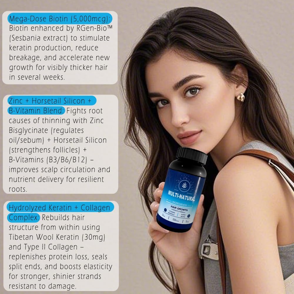 Hair Growth Vitamins for Women & Men, 120 Hair Growth Capsules, Natural Hair Thickening Products for w/Biotin 5000mcg, Collagen & Zinc - Hair Supplement, Regrowth Hair Vitamins
