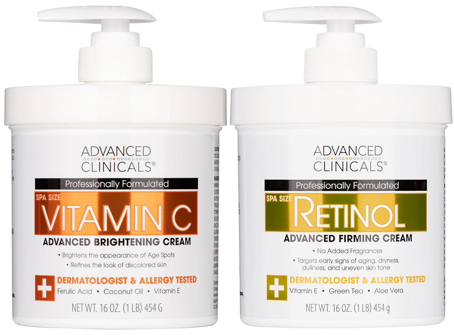 Advanced Clinicals Retinol Body Lotion + Brightening Vitamin C Lotion 2pc Skincare Set For Women & Men | Body Cream & Face Moisturizer Set Helps Improve The Look Of Dark Spots & Uneven Skin Tone, 2PC