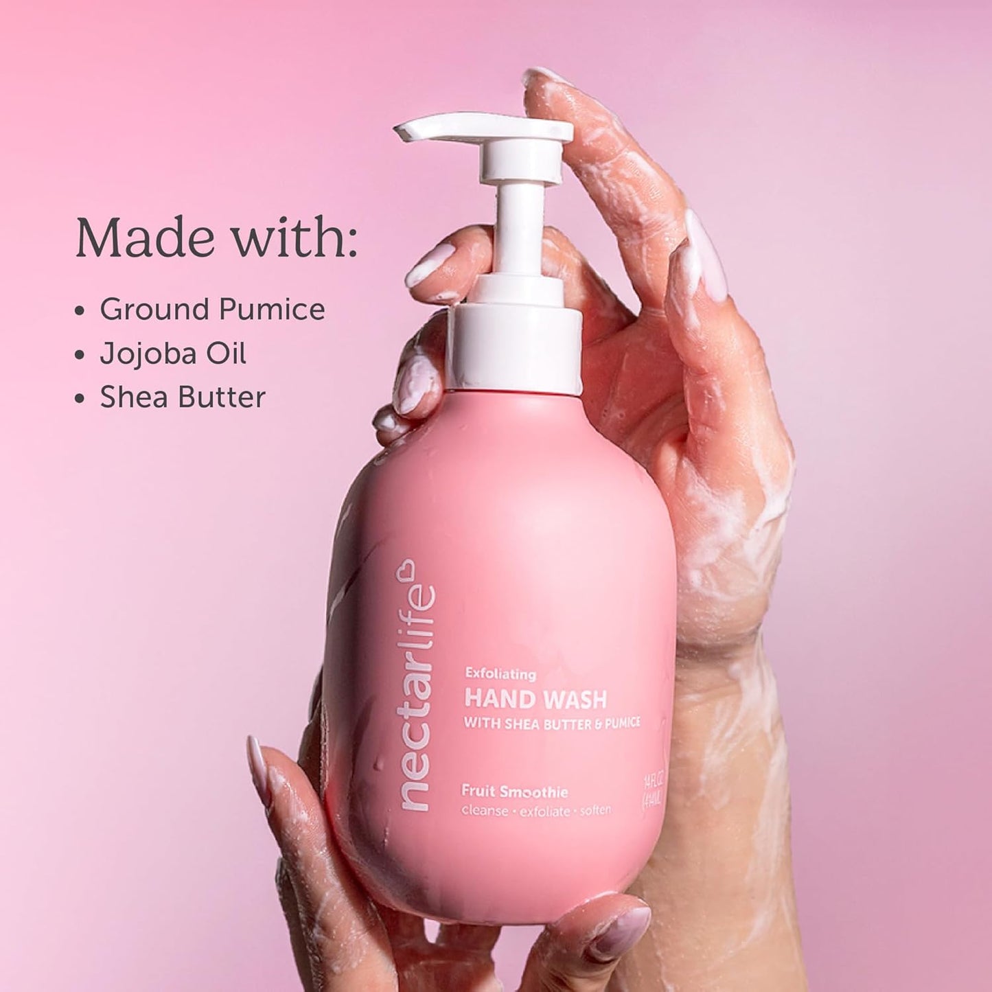 Nectar Life Exfoliating & Moisturizing Hand Wash 3-Pack, Volcanic Pumice for Hand Scrub, Shea Butter Softens Hands, Clean Vegan Ingredients, Fruit Smoothie Scent