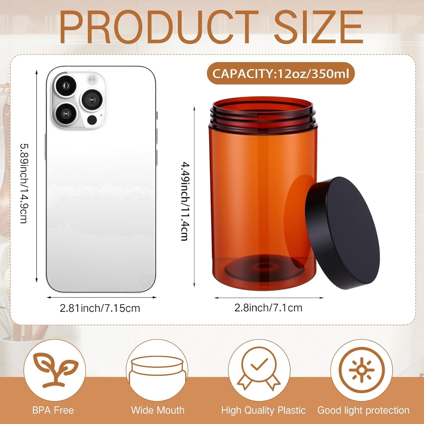 Patelai 4 Pieces Round Wide-mouth Leak Proof Plastic Container Jars with Lids for Travel Storage Makeup Beauty Products Face Creams Oils Salves Ointments DIY Making(12 Ounce,Amber)