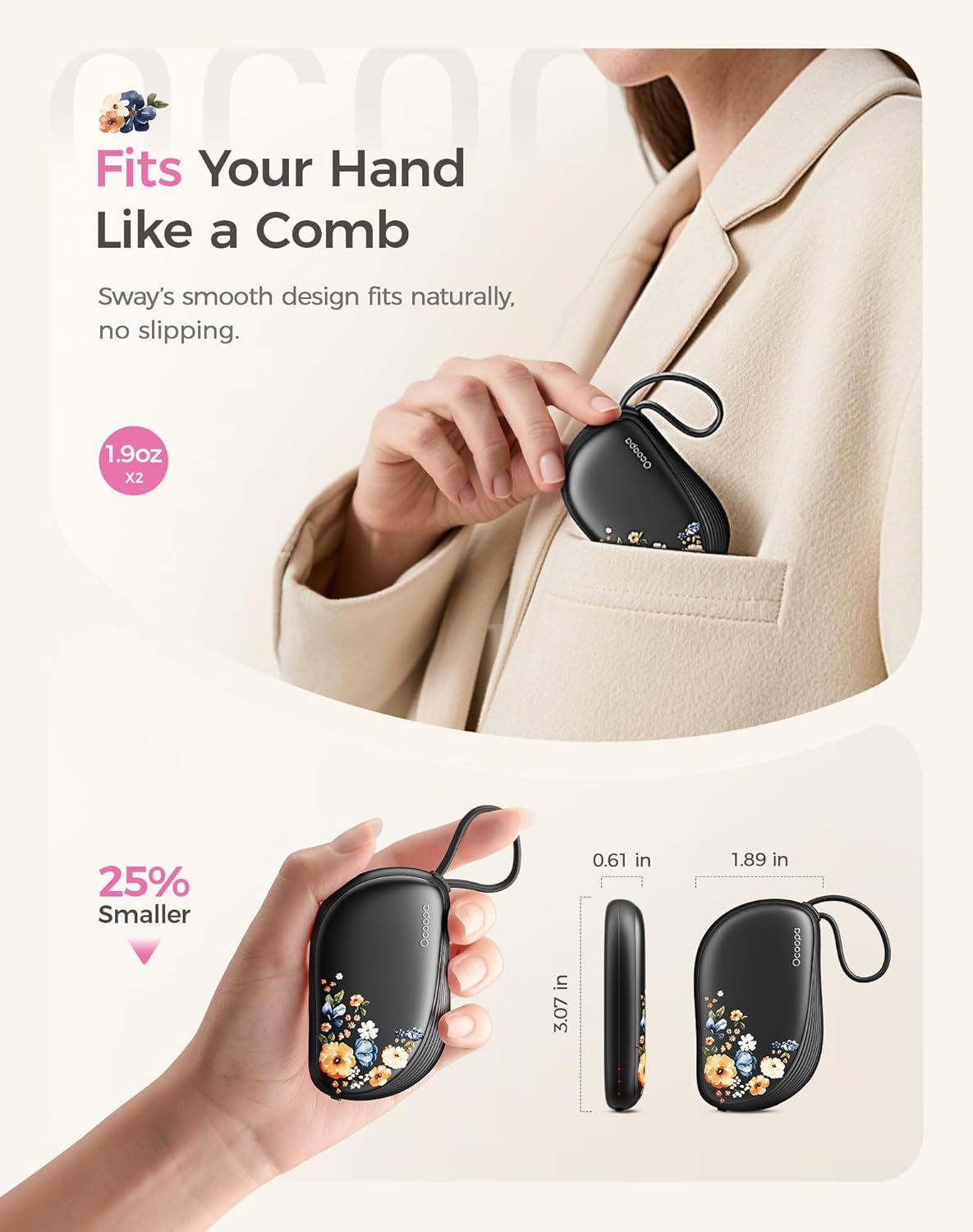 OCOOPA Hand Warmers Rechargeable 2 Pack, Ultra Slim Electric Hand Warmers, Portable Pocket Heater, Comb-Inspired, Fits in Gloves,UL Certified, Winter Essentials,UT5 Sway