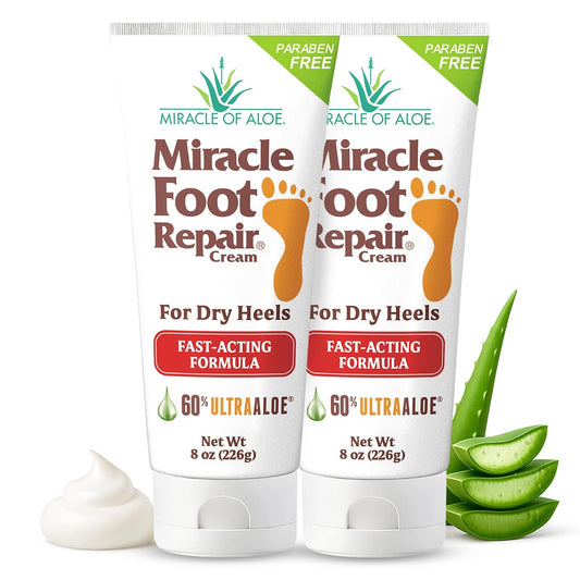 Miracle Foot Repair Cream (8 oz / 2-Pack) Repairs Dry Cracked Heels and Feet, 60% Pure UltraAloe Moisturizes, Softens, and Repairs