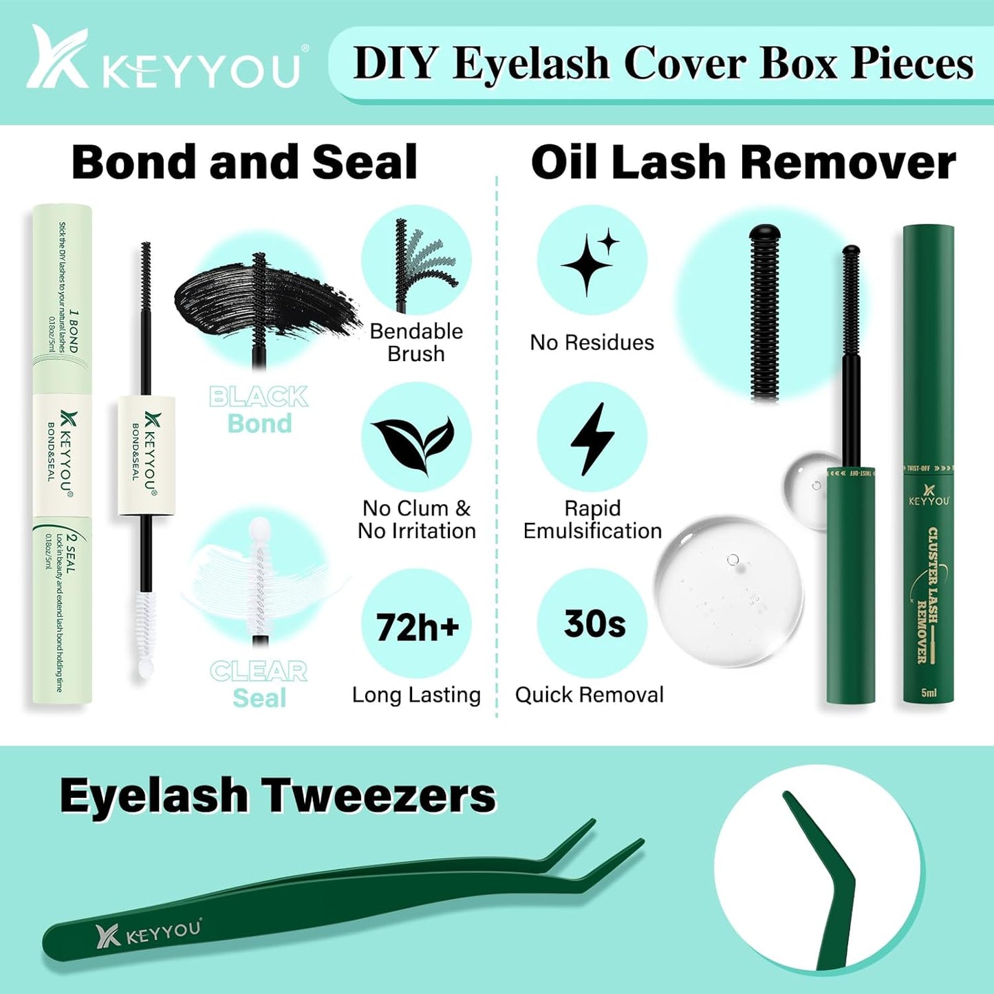 KEYYOU Lash Extension Kit 144pcs Air Touch Lash Clusters with Bond and Seal Lash Applicator Remover D Curl DIY Eyelash Extension Kit Easy to Apply at Home(Air06Kit-D-8-18Mix)