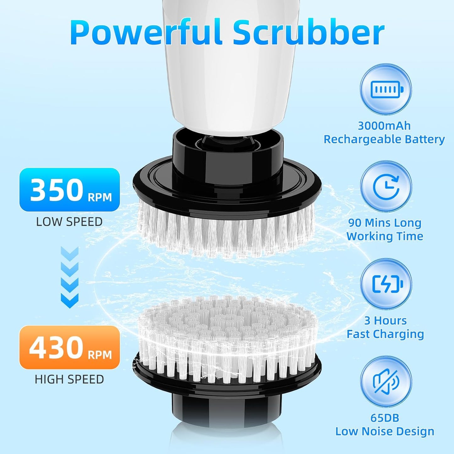 White Electric Spin Scrubber, Cordless Spin Scrubber with 8 Replaceable Brush Heads, Electric Scrub Brush with Adjustable Extension Handle, Electric Cleaning Brush for Bathroom, Tile and Bathtub