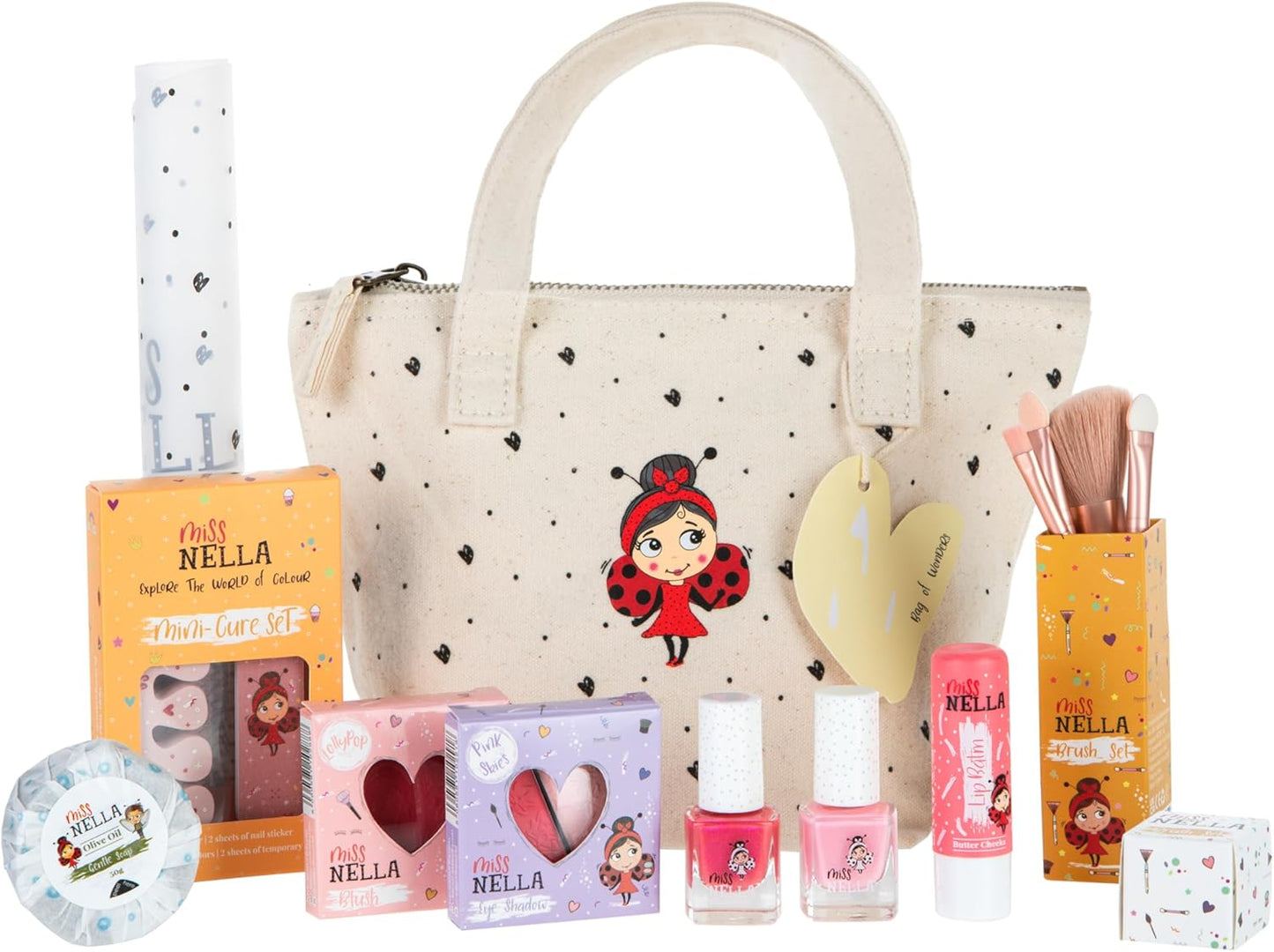 MISS NELLA Kids Bag of Wonders, Makeup & Nail Polish Set Safe and Fun Gift - Hypoallergenic, Dermatologically Tested Kid-Friendly, Non-Toxic, Cosmetic Bag Included – Special Edition