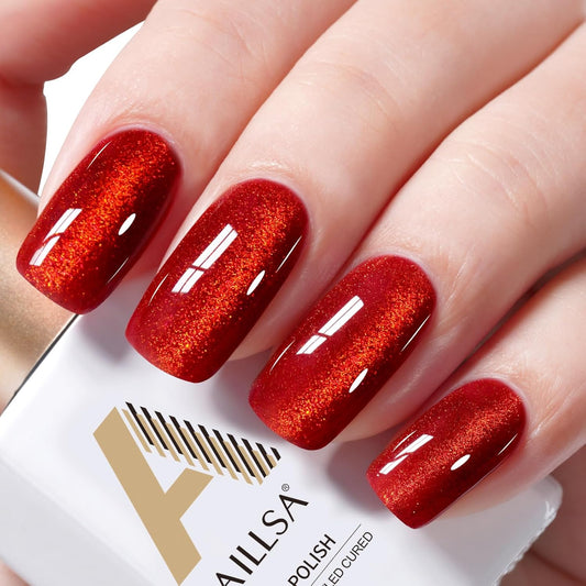AILLSA Red Cat Eye Gel Polish Burgundy Glitter Crystal Gel Nail Polish with Magnet, Blood Shimmer Translucent Gel Polish Reflective Holographic Jelly Color U V Nails DIY at Home 0.5 OZ GF21