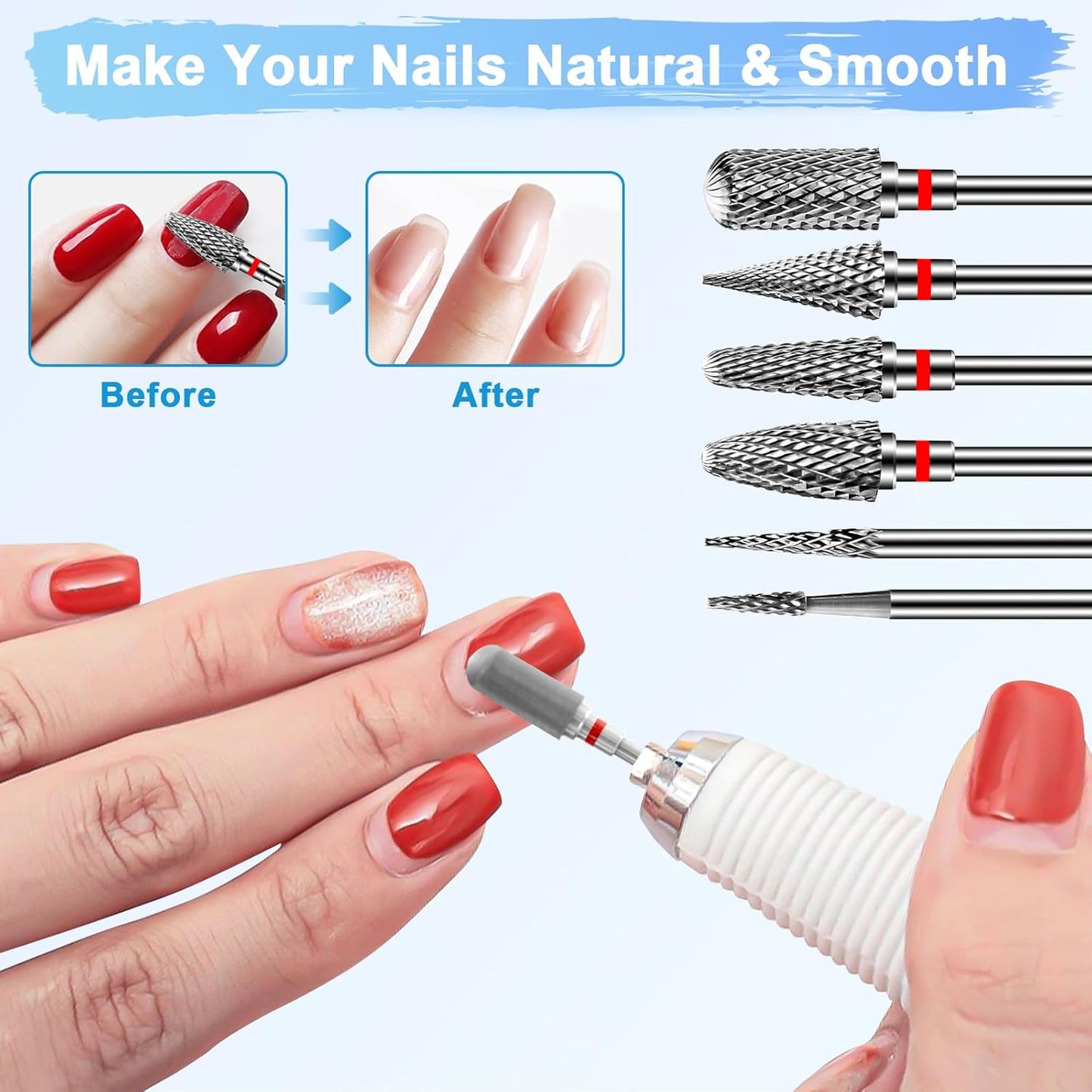 6 Pack Nail Drill Bits for Acrylic Nails, 3/32"" Shank Drill Bits for Nails, Professional Electric Cuticle Bit for Nail Drill, Cuticle Cleaner Nail Gel Polish Remover Tool for Home Salon-Red