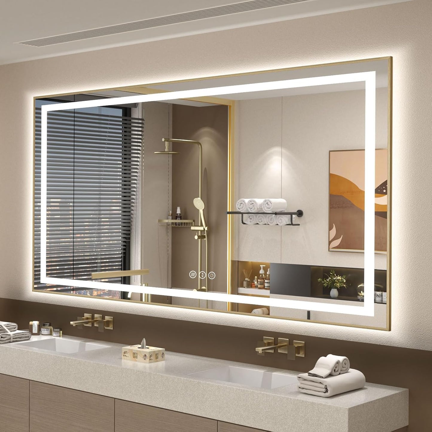 OKPAL 60x36 LED Bathroom Mirror Gold Metal Framed Front Light & Backlit, Lighted Vanity Mirror, Anti-Fog, Dimmable, 3 Colors, Shatterproof, ETL Listed, Horizontal/Vertical