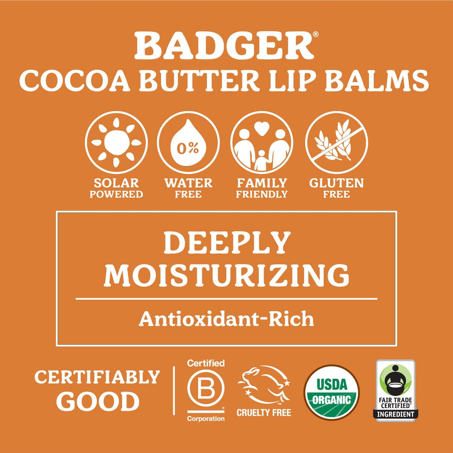 Badger Sweet Orange Cocoa Butter Lip Balm, 100% Organic Lip Balm, Hydrating Long Lasting Lip Moisturizer, Large Stick Lip Care, 4-pack