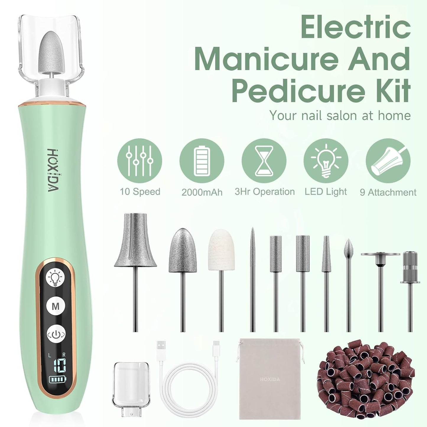Cordless Electric Nail Drill with 360° LED light&10 Speeds, Professional Manicure Pedicure Kit, Rechargeable Pedicure Tools for feet, Hand Foot Care Nail Drill for Thick Nail Toenail Cuticle Women Men