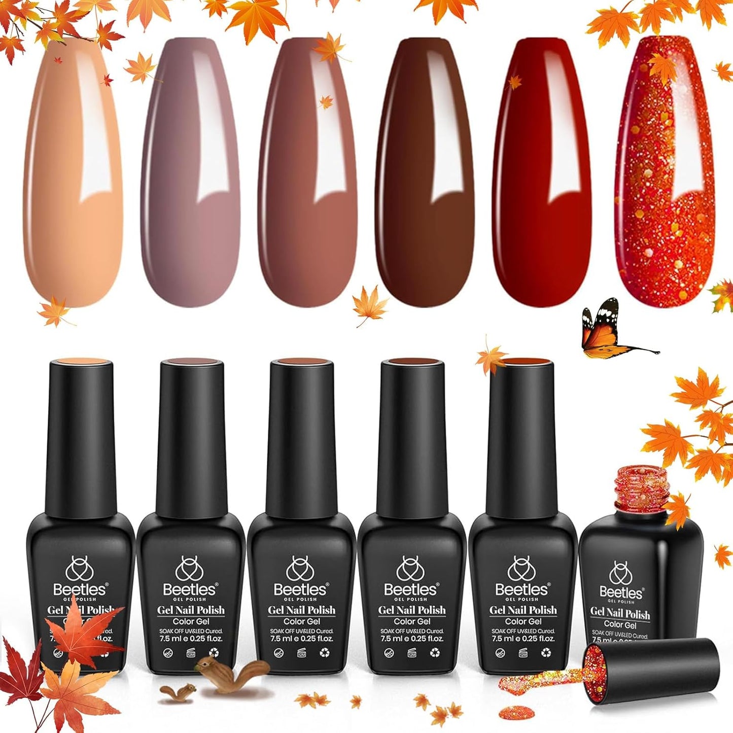 Beetles Fall Gel Nail Polish Set - Nude Brown Burgundy Red Natural 6 Colors Skin Tones Gel Nail Polish Soak off Nail Uv Lamp Manicure Caramel Collection Gifts for Women