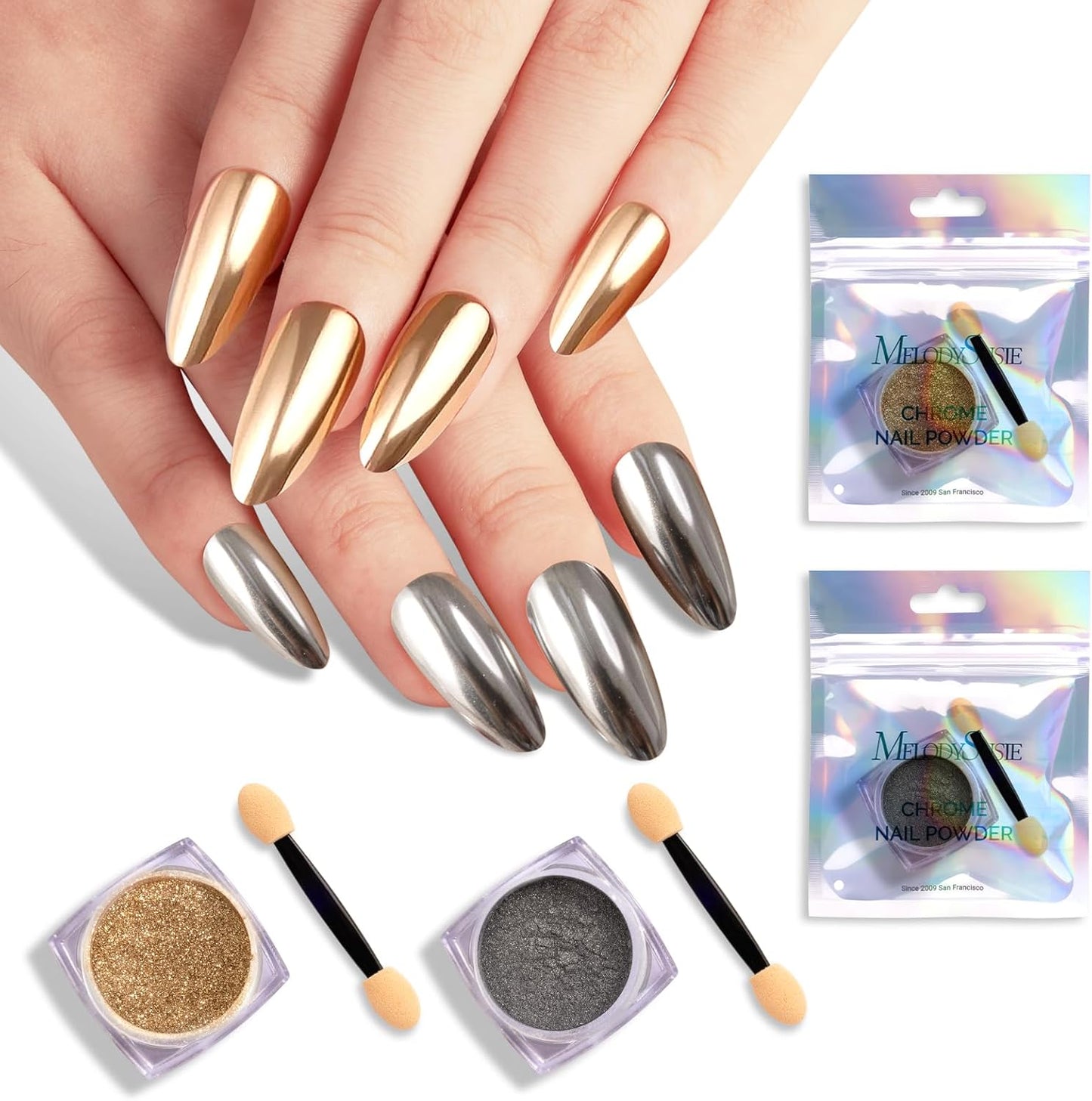 MelodySusie 2Pcs Chrome Nail Powder for Gel Nails,Metallic Mirror Effect Pigment Stylish and Technological Fine Glitter for Home DIY Salon Use