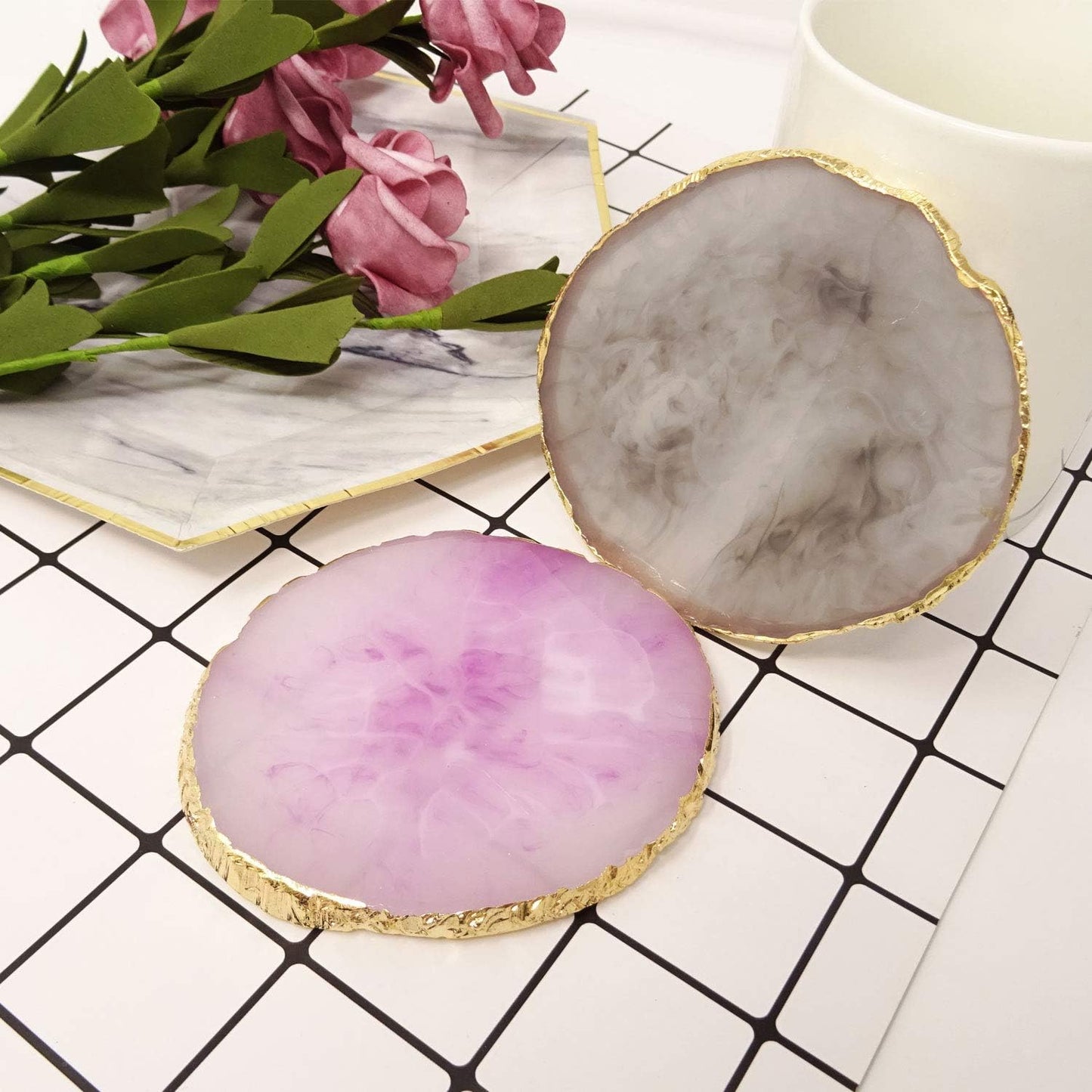 Honbay 2PCS Golden Edge Resin Nail Art Palettes Drawing Plates Manicure Display Tools for Women