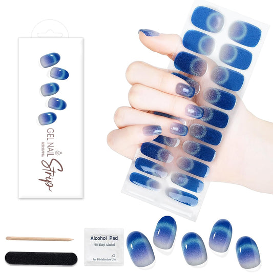 WOKOTO 1 Sheet Semi Cured Gel Nail Strips With Wood Stick, Nail File & Prepared Pads, 20 Tips Cat Eye French Semi Cured Nail Polish Strips, Harden With UV Light Gel Nail Wraps Stickers For Women