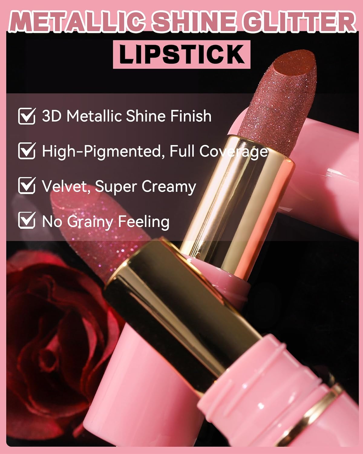 Glitter Metallic Brown Shimmer Lipstick Long Lasting, Glitter Diamond Shine Nude Red Lipstick Transfer Proof Non-Stick Lip Gloss Shimmer Highly Pigmented Full Coverage Lip Makeup for Women-08