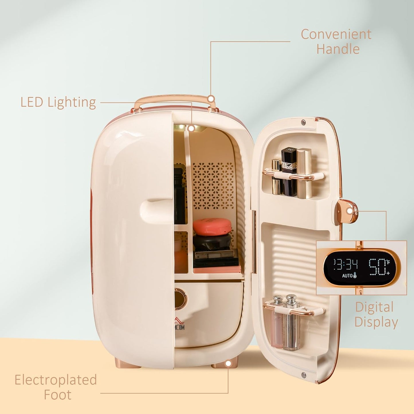 HOMCOM Portable Skincare Fridge with LED Display, 12L Mini Fridge for Beauty, Makeup and Cosmetics, Small Refrigerator Cooler for Bedroom, Home Office, Desktop, White