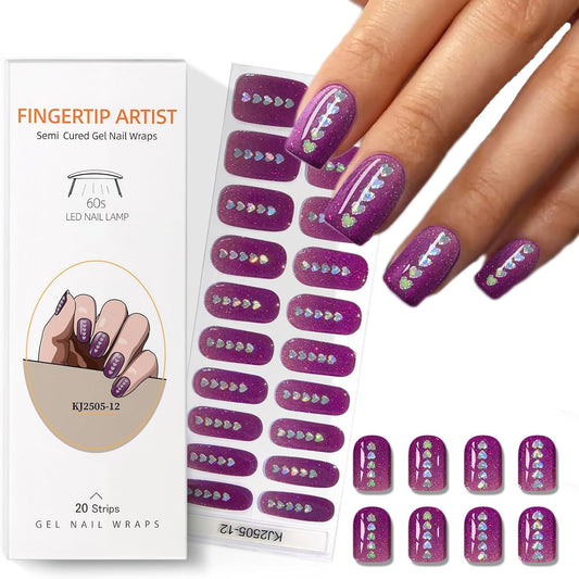 Semi Cured Gel Nail Strips with Heart/Love Designs Gel nail stickers Purple Glitter Nail strips stickers Salon Quality & Easy to Use 20 Pcs for Women