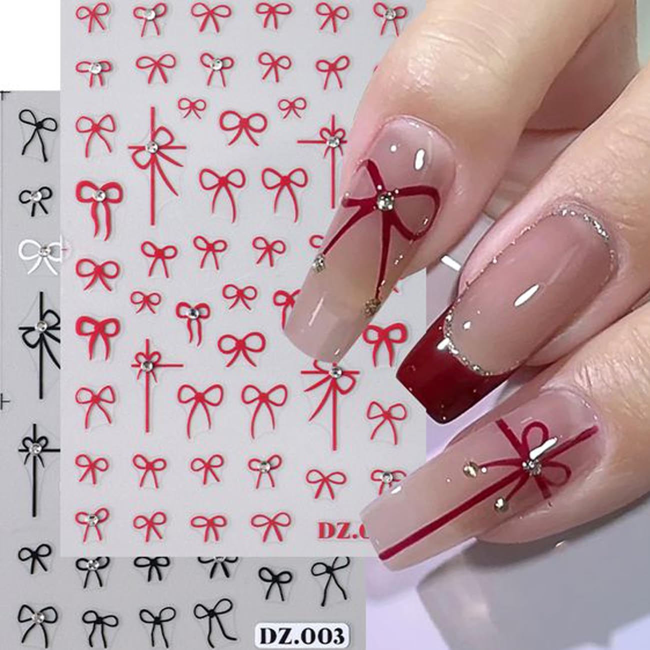 4Sheets Bow Nail Stickers for Nail Art Set, Bow 3D Nail Art Sticker Self-Adhesive Black White Red Bow Shiny Clear Diamond Nail Designs Cute Bow Decals for Women Girls Bow-Knot Manicure Decorations