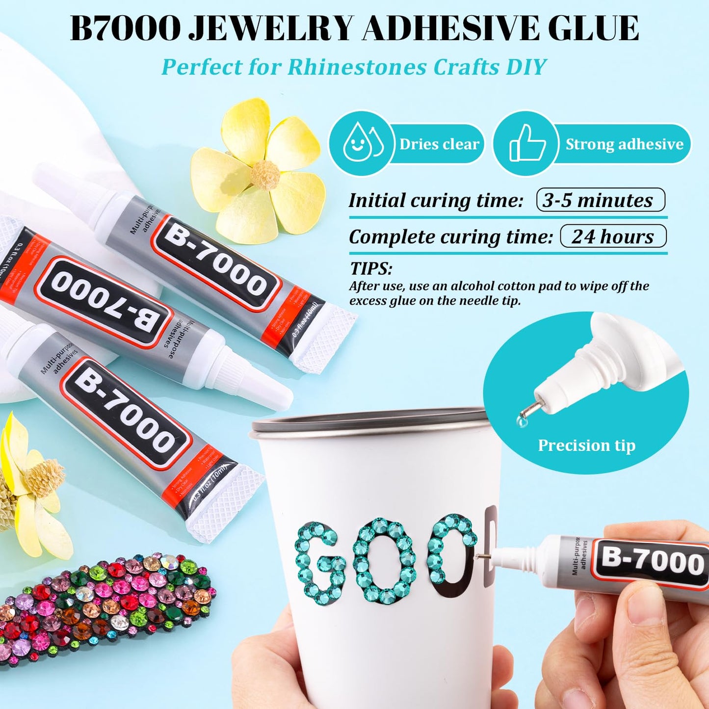 6100Pcs Resin Rhinestones for Crafting with 2Pcs 10ml B7000 Jewelry Glue, 1 Box Flatback Crystals Diamond (Aquamarine) for Bedazzling Crafts DIY Nail Art，Non Hotfix Gems for Clothing Shoes Tumblers