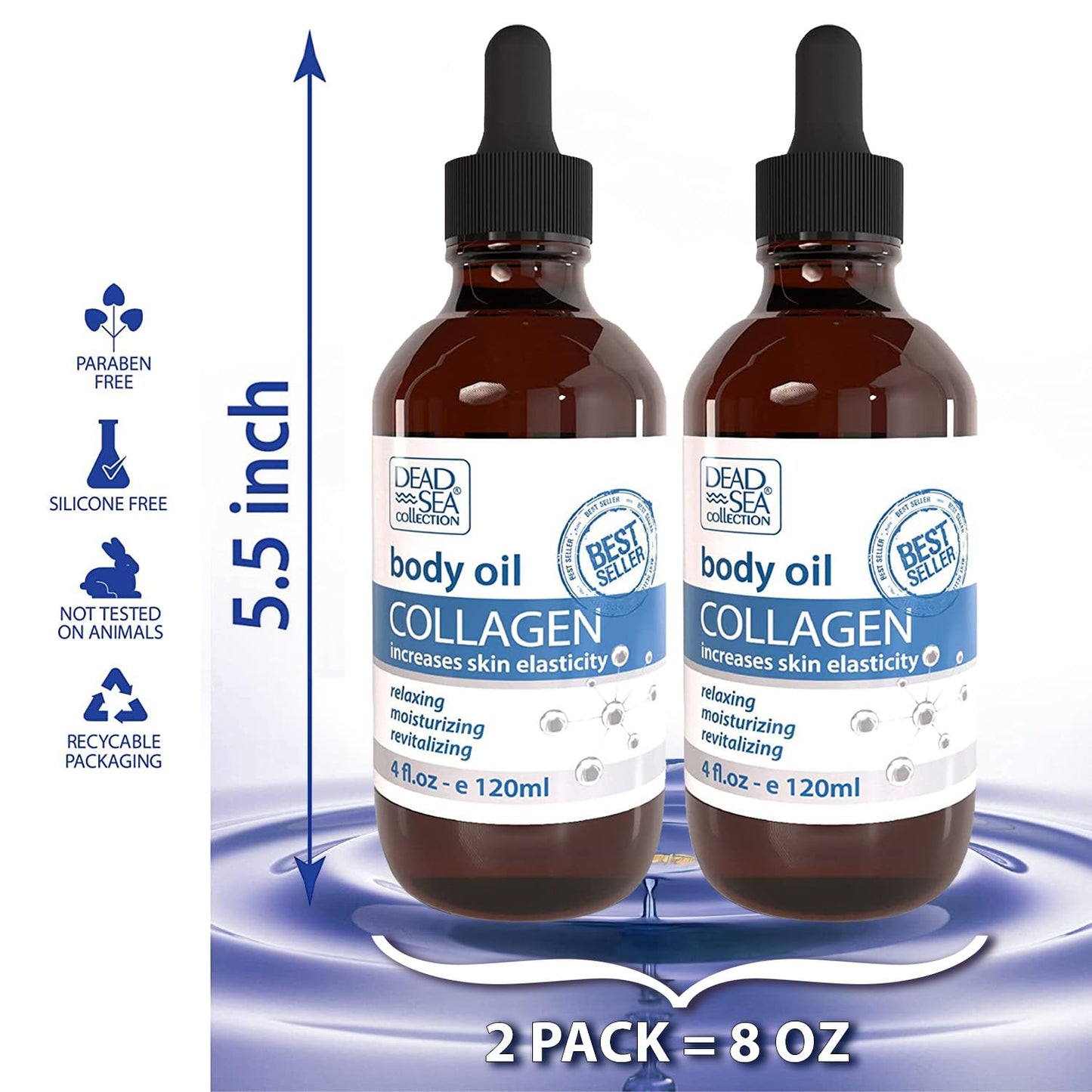 Dead Sea Collection Body Oil for Dry Skin - Collagen & Vitamin E - Moisturizing & Nourishing, Anti-Aging & Skin Elasticity Support for Face Pack of 2 (4 Fl. Oz Each)