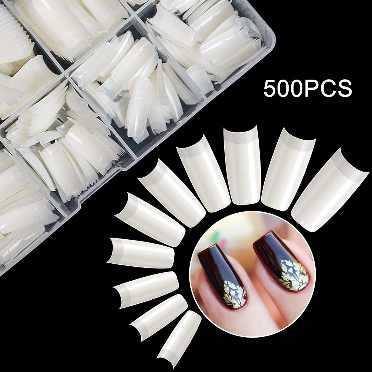 krofaue 500PCS Half Cover False Nails Tips - Acrylic Nail Tips 10 Sizes Lady French Style Acrylic Artificial Tip Manicure with Box for Nail Tips Art Salons and Home DIY