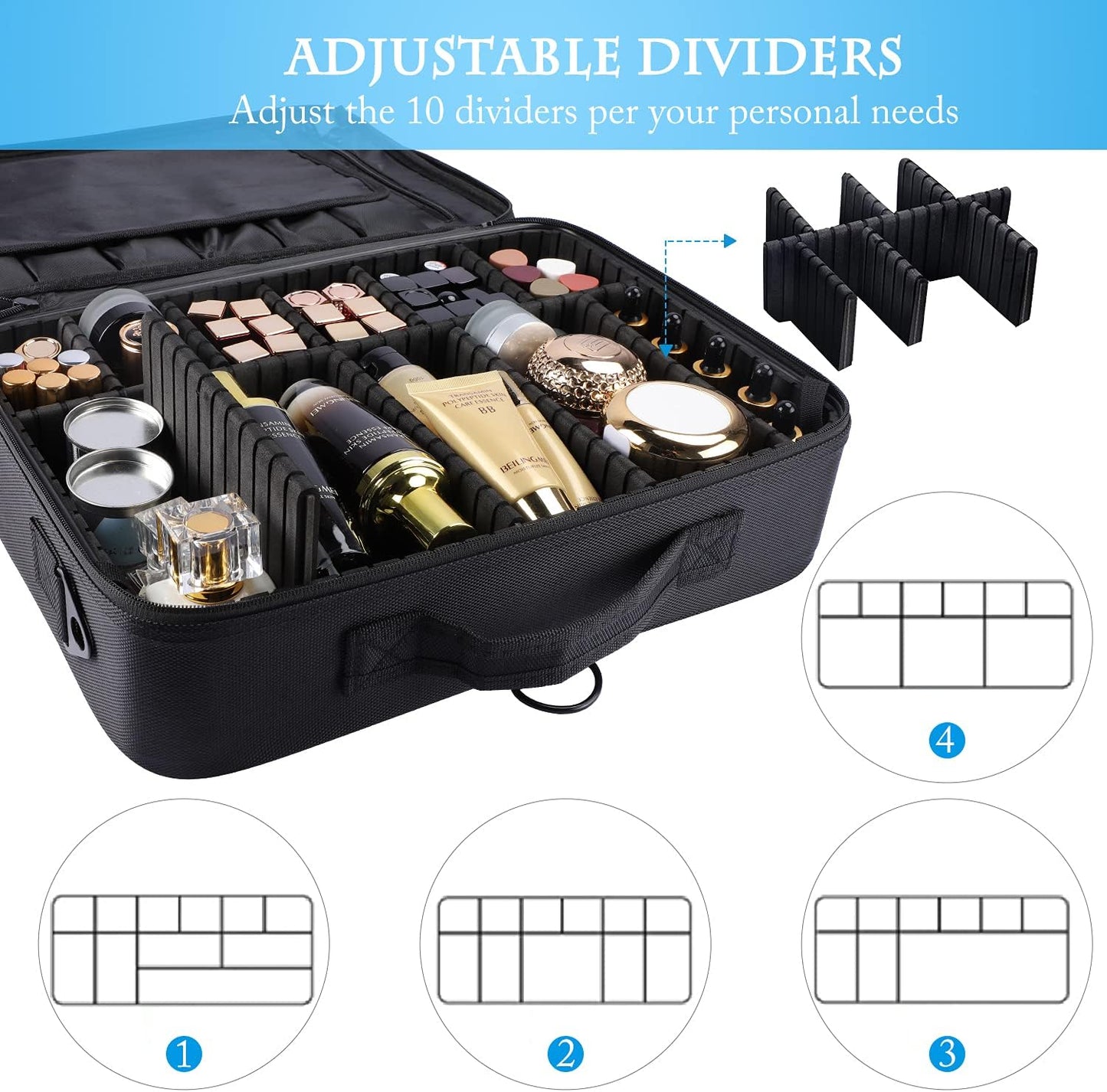 JOURMON Travel Makeup Case Portable Makeup Train Case Organizer Cosmetic Bag with Adjustable Dividers and Shoulder Strap for Makeup Brushes Toiletry Travel Accessories(Pure Black, L)