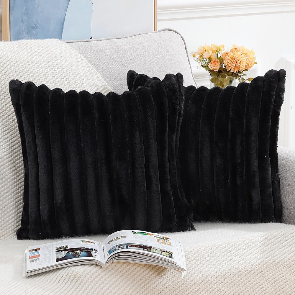 MADIZZ Set of 2 Faux Wool Plush Decorative Throw Pillow Covers 18x18 Inch Black Fluffy Striped Soft Decorative Cushion Cover for Sofa Bedroom Pillow Shell