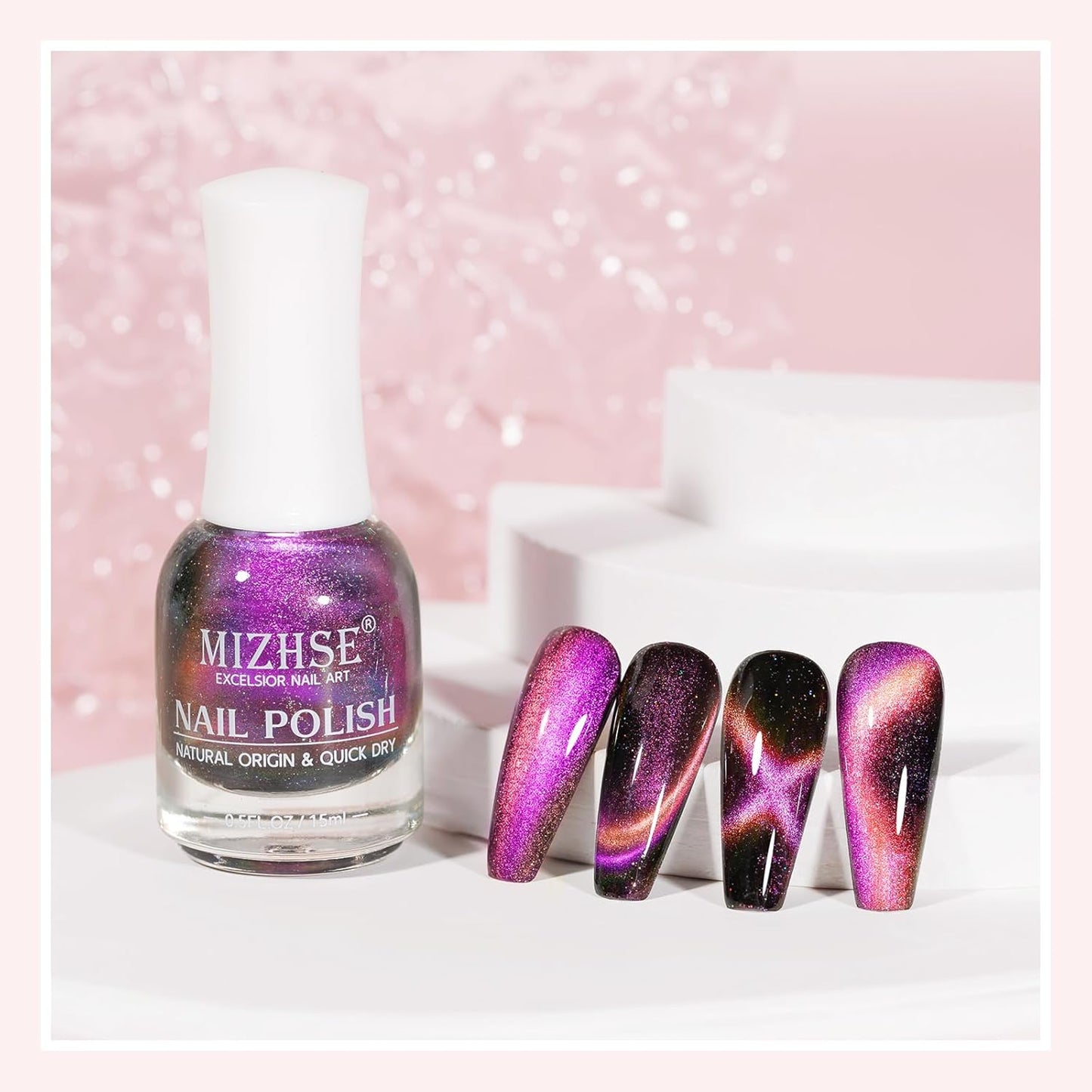 MIZHSE 9D Cat Eye Nail Polish Non Gel, Quick Dry Pink to Orange Magnetic Nail Polish with Magnet, Air Drying Fast Cateye Nail Lacquer Galaxy Effect Manicure Home Gift for Women 0.5 fl.oz 15ml