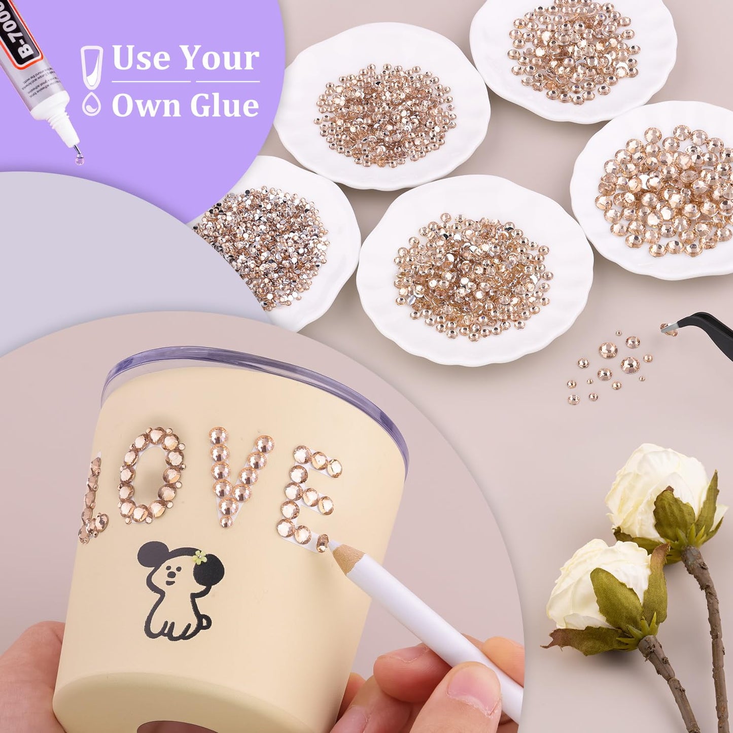 Resin Rhinestones for Crafting, 1 Box Champagne Multi Sizes Flatback Bedazzling Crystals for Crafts Nail Art Deco, Non Hotfix Gems Charms for Tumbler Shoes Clothing Fabric Face Makeup